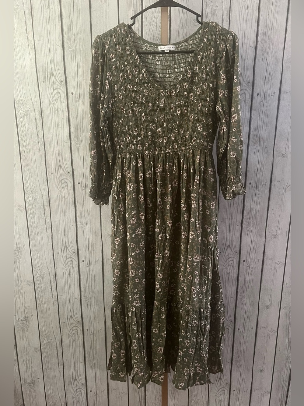 Baltic Born Tarryn Smocked Midi Dress - Olive Floral - Size Medium